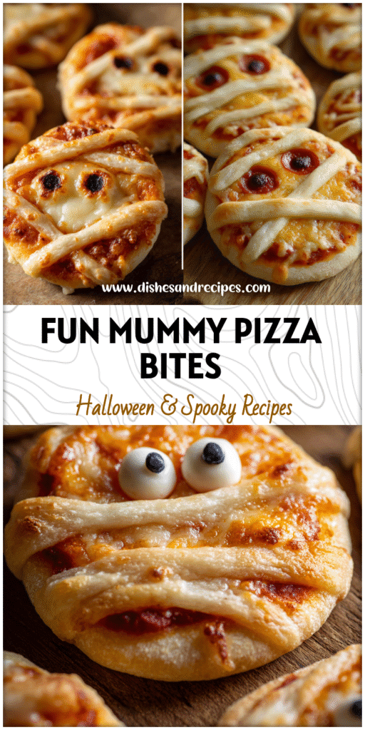Mini mummy pizza bites with melted cheese wrapped like bandages served as Halloween food for party savoury.